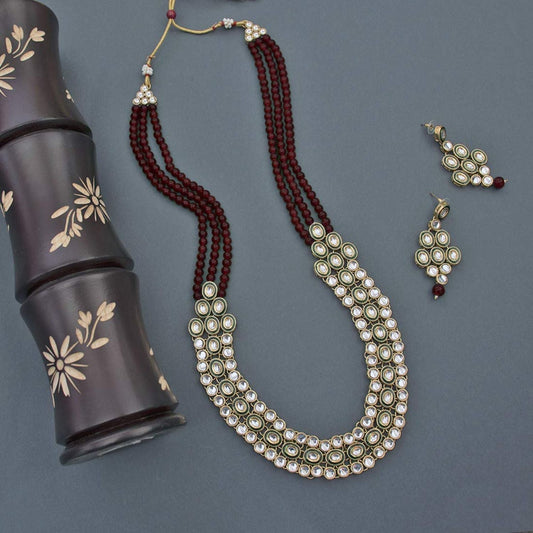 Gold-Polished Traditional Stunning Maroon Meenakari Kundan Studded Pearl Necklace Jewellery Set with Earrings For Women and Girls - Wahe Jewels - Swadesiicart