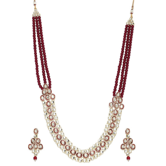Gold-Polished Traditional Stunning Maroon Meenakari Kundan Studded Pearl Necklace Jewellery Set with Earrings For Women and Girls - Wahe Jewels