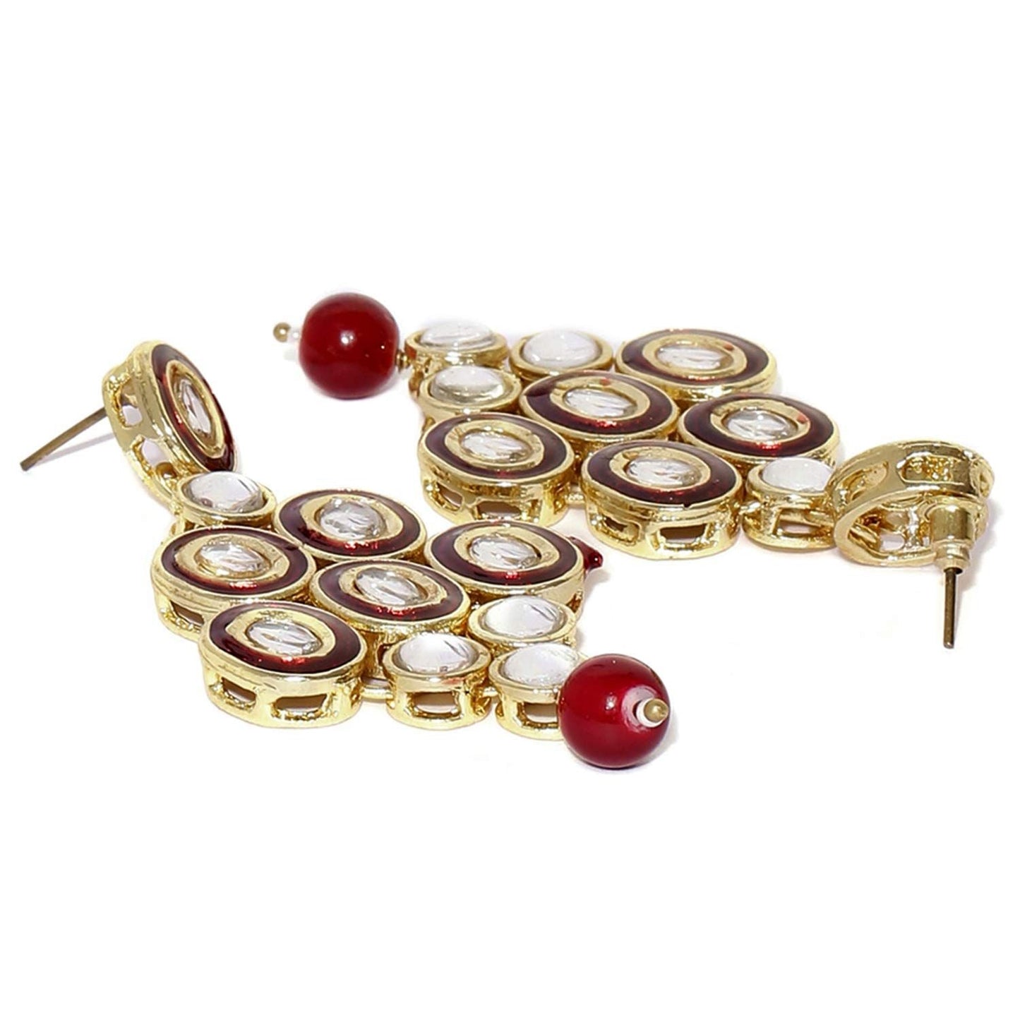 Gold-Polished Traditional Stunning Maroon Meenakari Kundan Studded Pearl Necklace Jewellery Set with Earrings For Women and Girls - Wahe Jewels - Swadesiicart