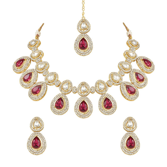 Gold-Polished Traditional Kundan & Stone Studded Choker Necklace Jewellery Set with Earrings & Maang Tikka for Women And Girls - Wahe Jewels - Swadesiicart