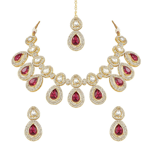 Gold-Polished Traditional Kundan & Stone Studded Choker Necklace Jewellery Set with Earrings & Maang Tikka for Women And Girls - Wahe Jewels