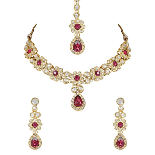Gold-Polished Traditional Floral Design Kundan Stones Studed Necklace Jewellery Set with Earrings & Maang Tikka for Women And Girls - Wahe Jewels