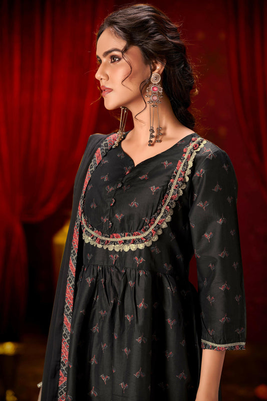 BulBul Black Ajrakh Print Chanderi Silk Kurta Set with Dupatta - Swadesiicart