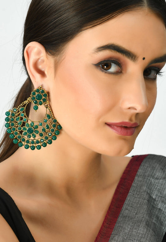 Mominos Fashion Johar Kamal Golden And Green Beaded Earrings - Swadesiicart