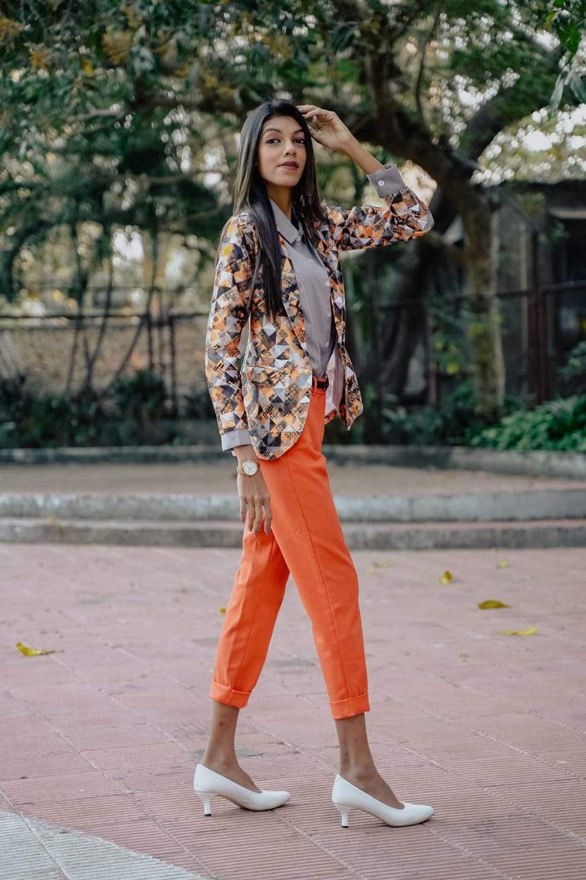 Jompers Women Mustard Yellow & Grey Satin Finish Printed Single-Breasted Blazer | Swadesiicart
