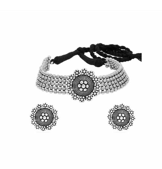 Rhodium-Plated Alloy Silver Beaded Choker Necklace - The Pari | Swadesiicart