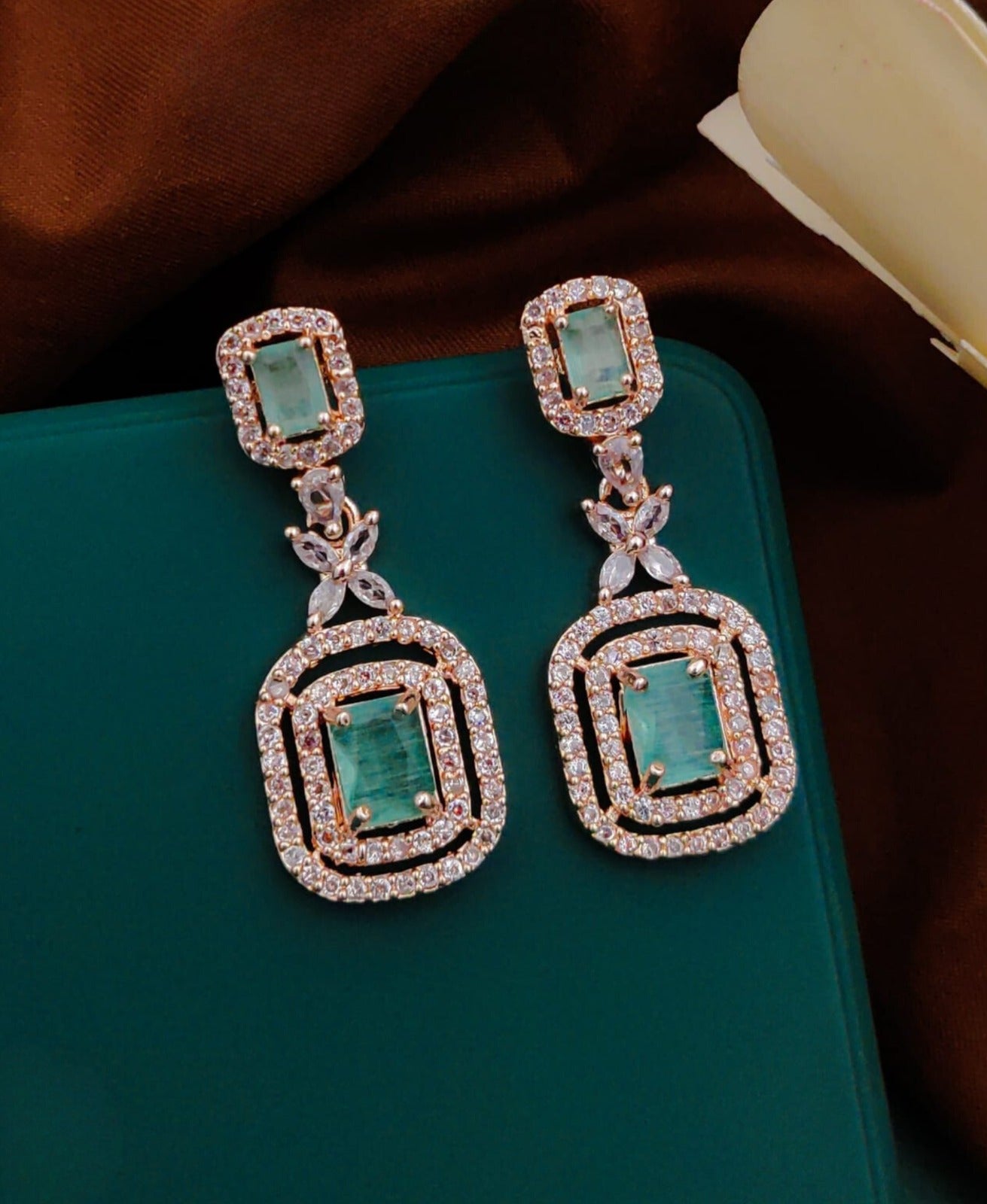 Mint Green American Diamond Party Earrings By House of Ree | Swadesiicart