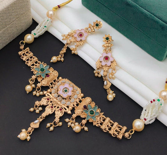 Gold-Polished Pearl Embellished Designer Multi Pearl String Choker Set By House of Ree | Swadesiicart