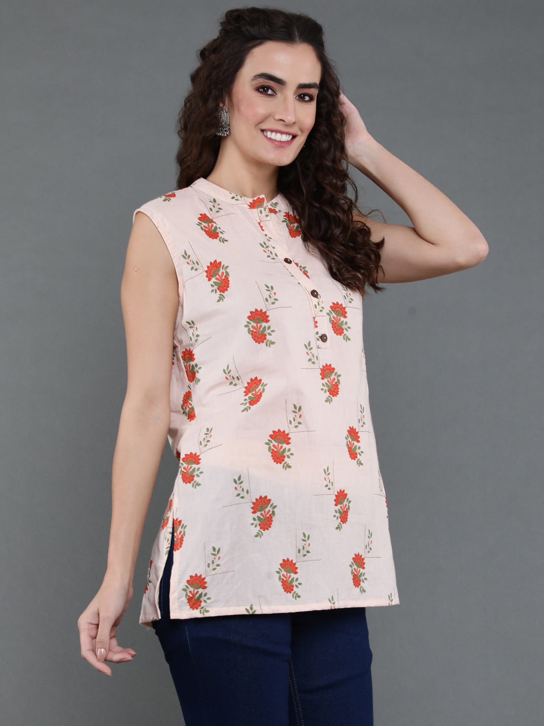 Antaran Peach Pure Cotton Printed Tunic - Swadesiicart