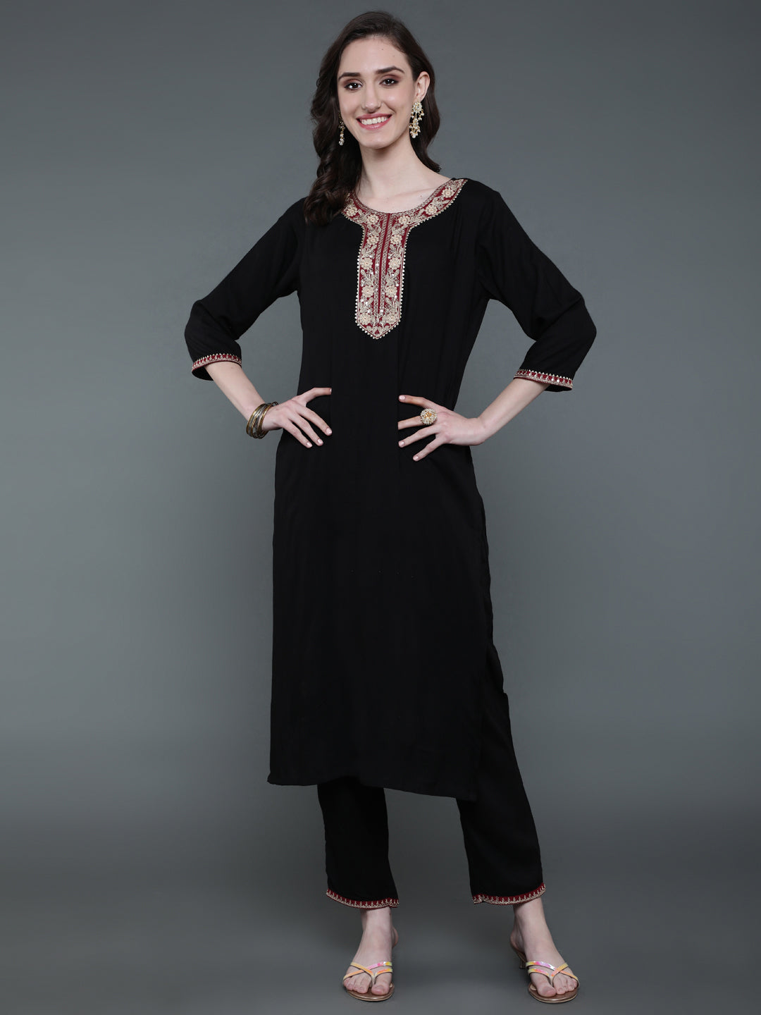 Antaran Black Rayon Embroidered Kurta Pant Set - Swadesiicart