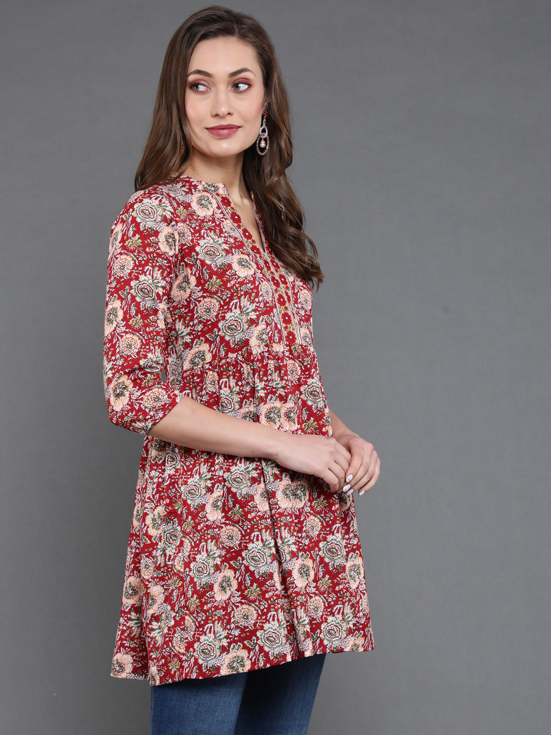 Antaran Maroon Pure Cotton Floral Printed Tunic - Swadesiicart