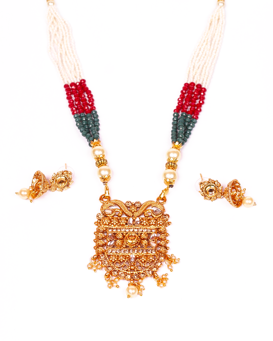 Gold-Polished Alloy Pearl And Beads Mala Pendant Set - The Pari | Swadesiicart