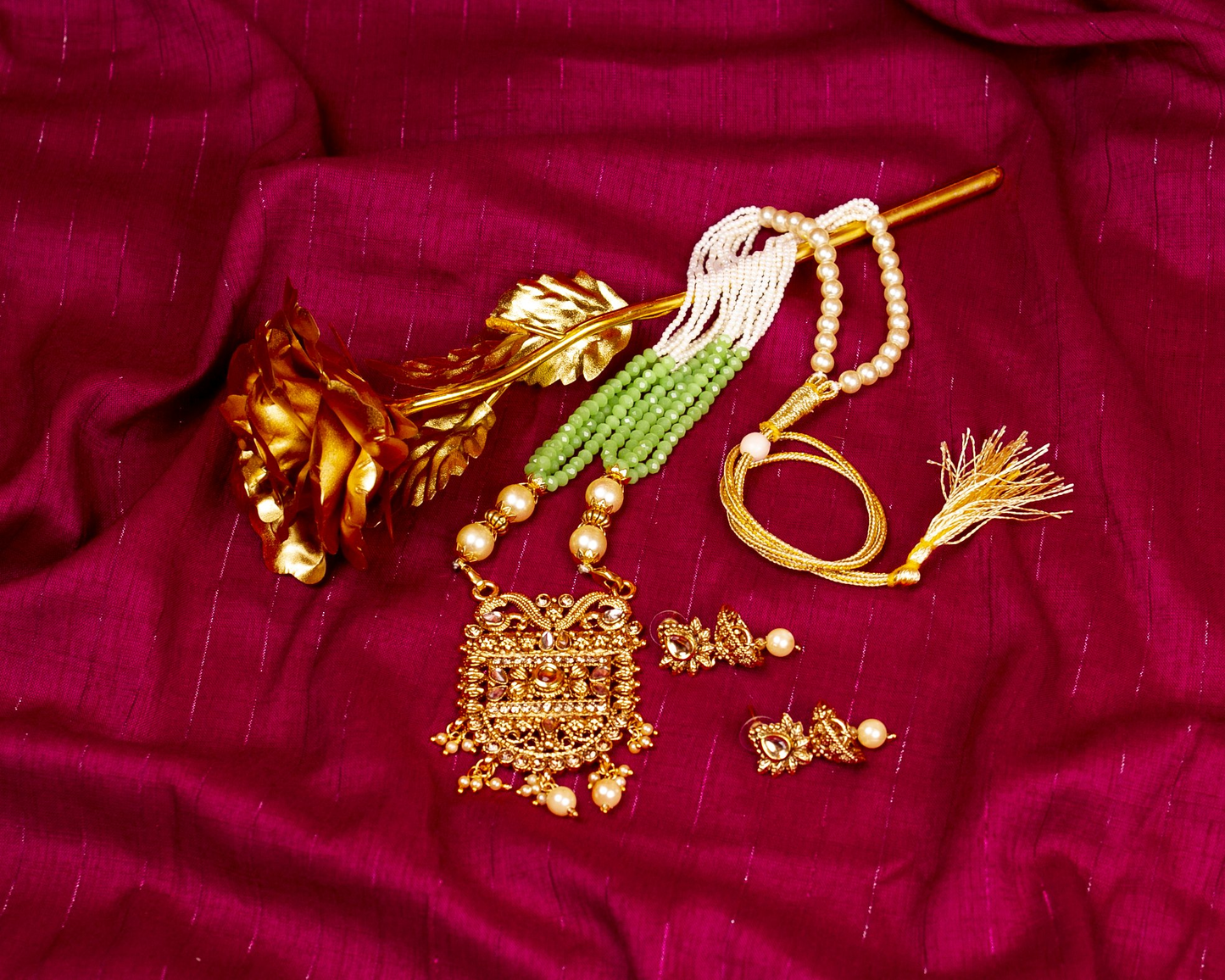 Gold-Polished Alloy Pearl And Beads Mala Pendant Set - The Pari | Swadesiicart