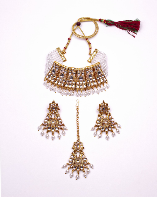 Gold-Polished Alloy Designer Pearl And Alloy Choker Necklace - The Pari | Swadesiicart