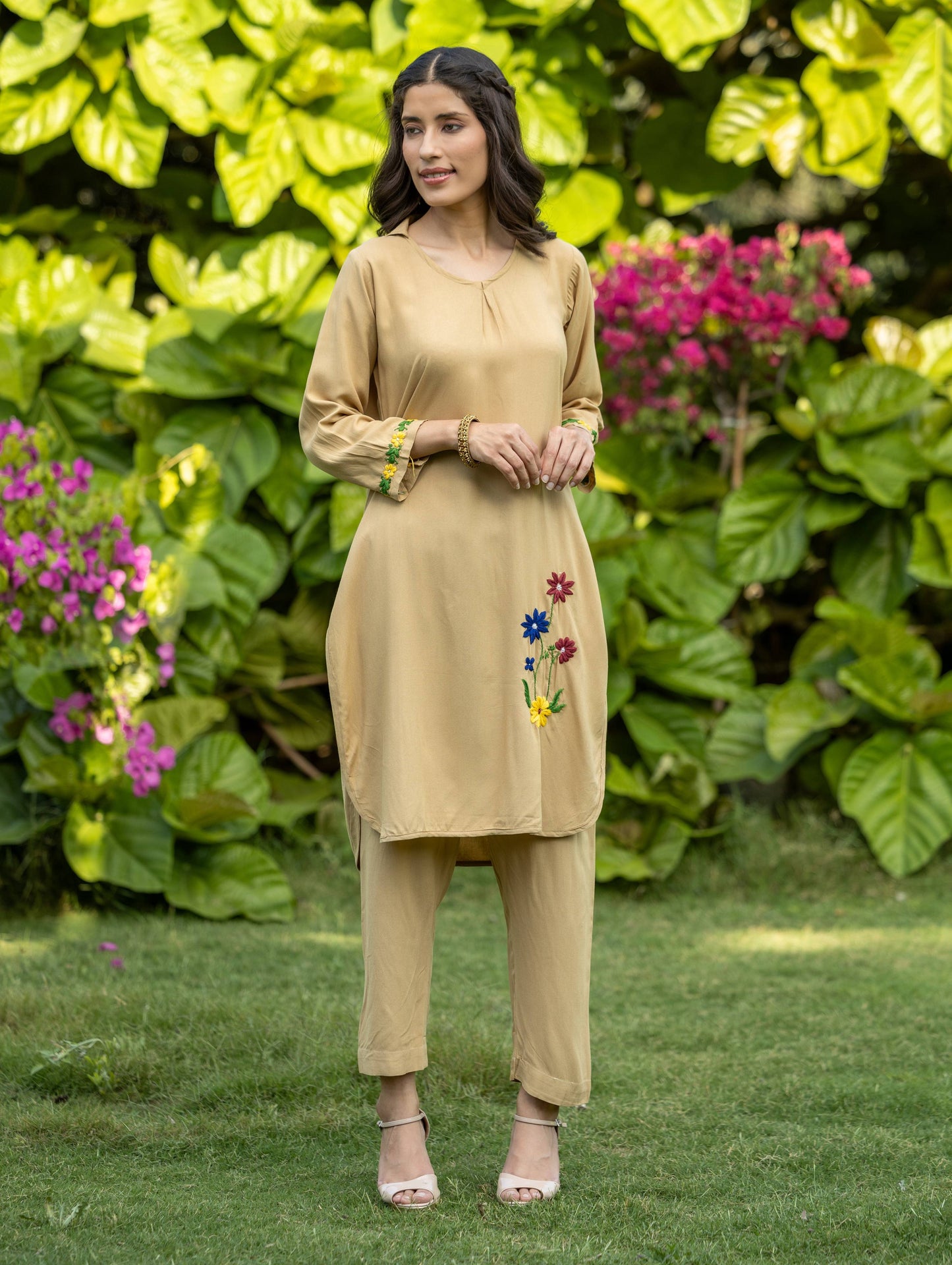 Gharana India Luxury Rayon Beige Chikankari Kurta Set | Swadesiicart