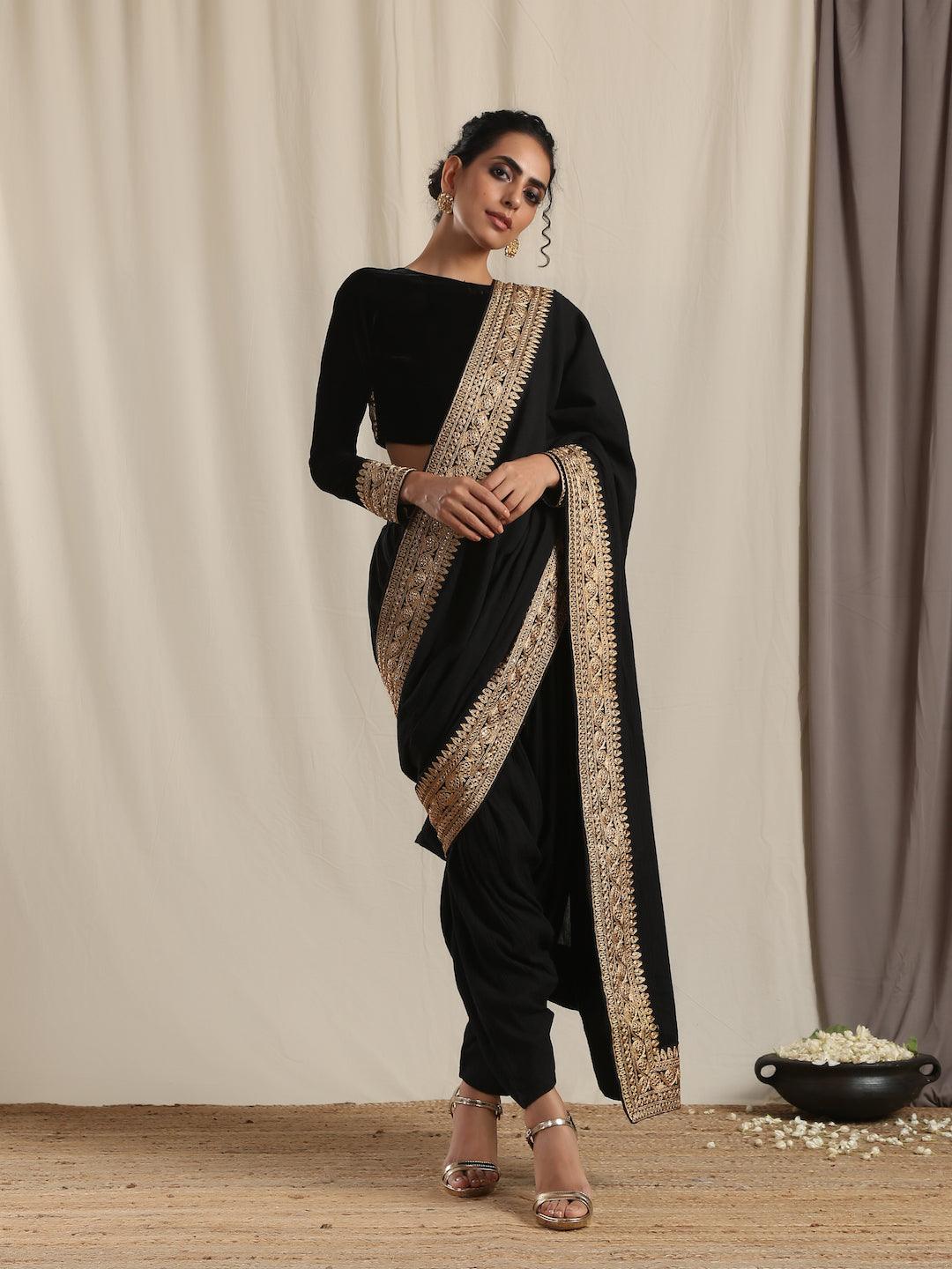 trueBrowns Black Velvet Embroidered Lace Blouse | Swadesiicart
