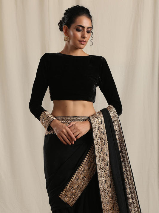 trueBrowns Black Velvet Embroidered Lace Blouse | Swadesiicart