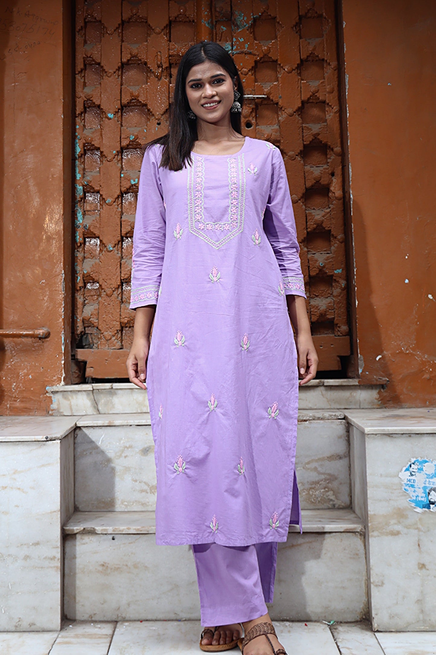 Gharana India Mul Cotton Lilac Chikankari Kurta Set - 2Pc | Swadesiicart