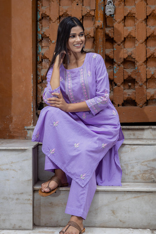 Gharana India Mul Cotton Lilac Chikankari Kurta Set - 2Pc | Swadesiicart