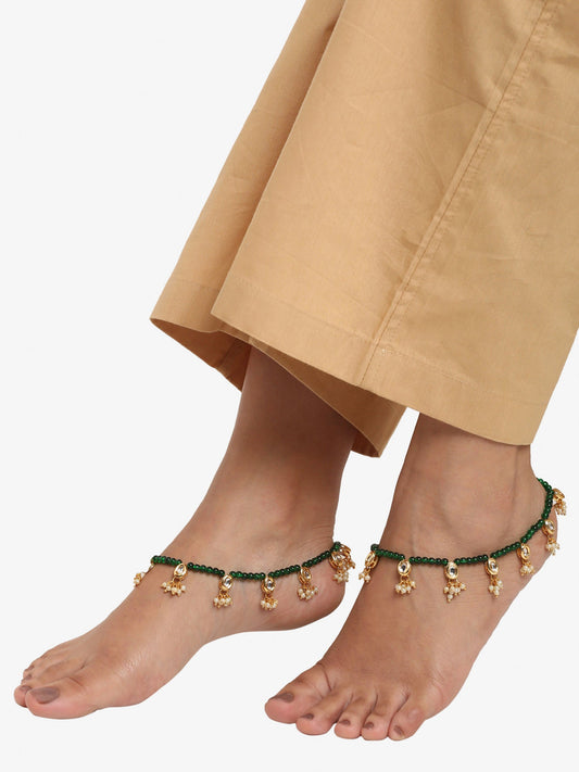 Women's Set Of 2 Green Anklets - Ruby Raang | Swadesiicart