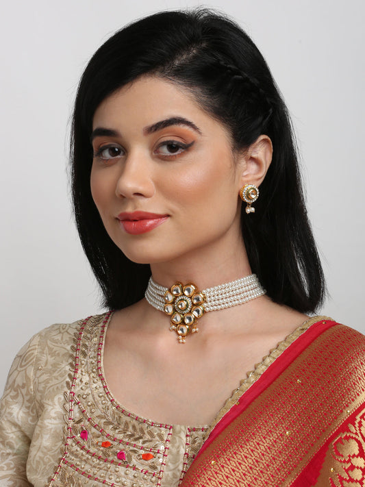 Kundan Choker With Pearls, Earrings - Ruby Raang | Swadesiicart