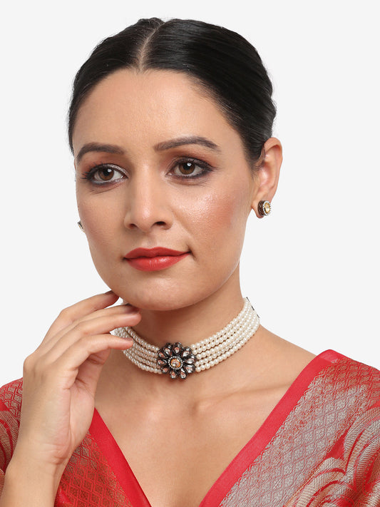 Silver-Plated Kundan Pearl Choker With Studs - Ruby Raang | Swadesiicart