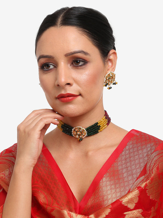 Multicoloured Kundan-Studded Beaded Choker Jewellery Set - Ruby Raang | Swadesiicart