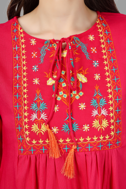 House of RP Women Pink Rayon Embroidered Flared Tunic | Swadesiicart