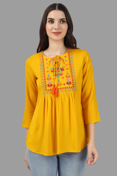 House of RP Women Yellow Rayon Embroidered Flared Tunic | Swadesiicart