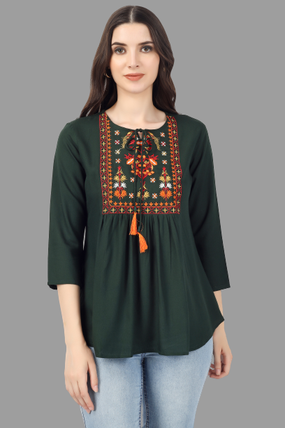 House of RP Women Green Rayon Embroidered Flared Tunic | Swadesiicart