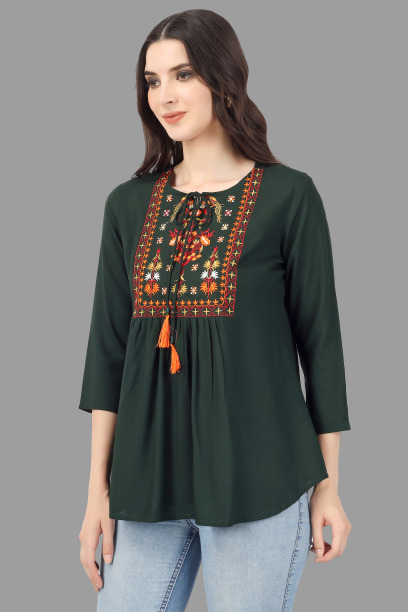 House of RP Women Green Rayon Embroidered Flared Tunic | Swadesiicart