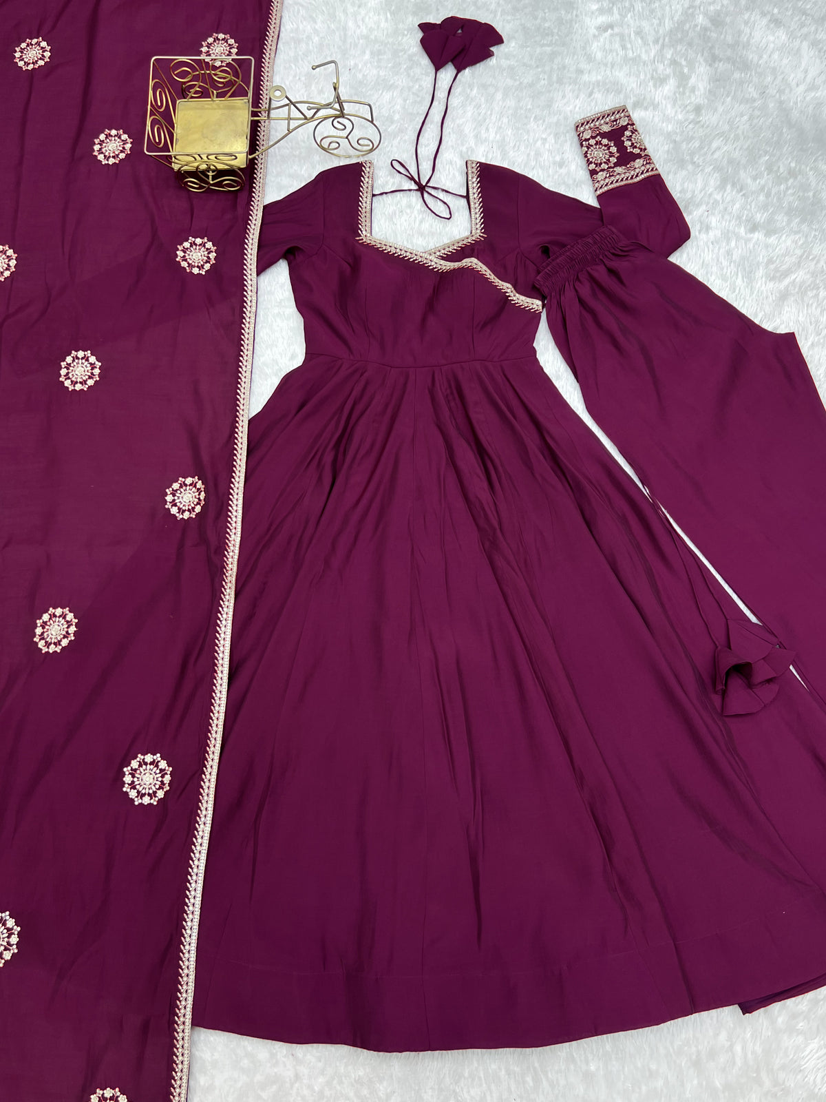 Women’s Wine Purple Pure Roman Chanderi Silk 16 Kali Anarkali Gown with Embroidered Dupatta & Churidar