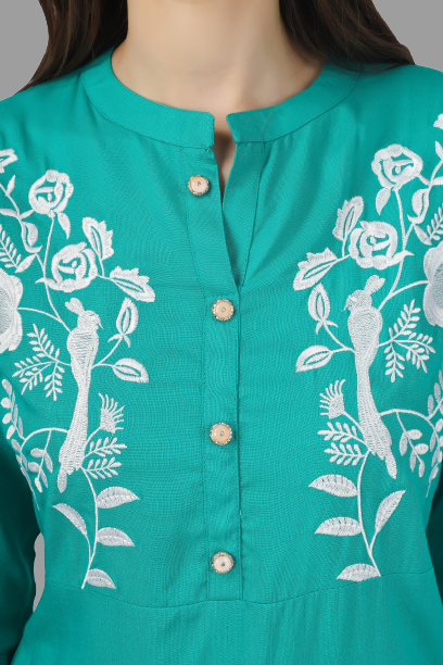 House of RP Women's Turquoise Rayon Chicken Embroidered Straight Kurta | Swadesiicart