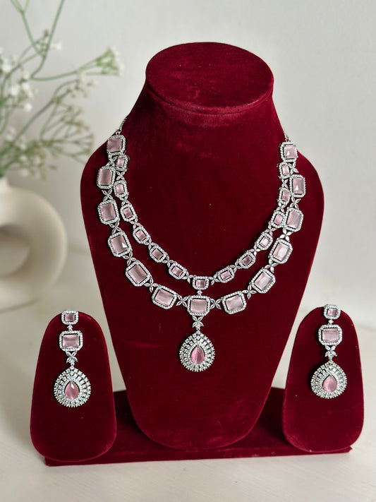 Baby Pink American Diamond Two Layer Elegent Necklace Set With Earrings By House of Ree - Swadesiicart