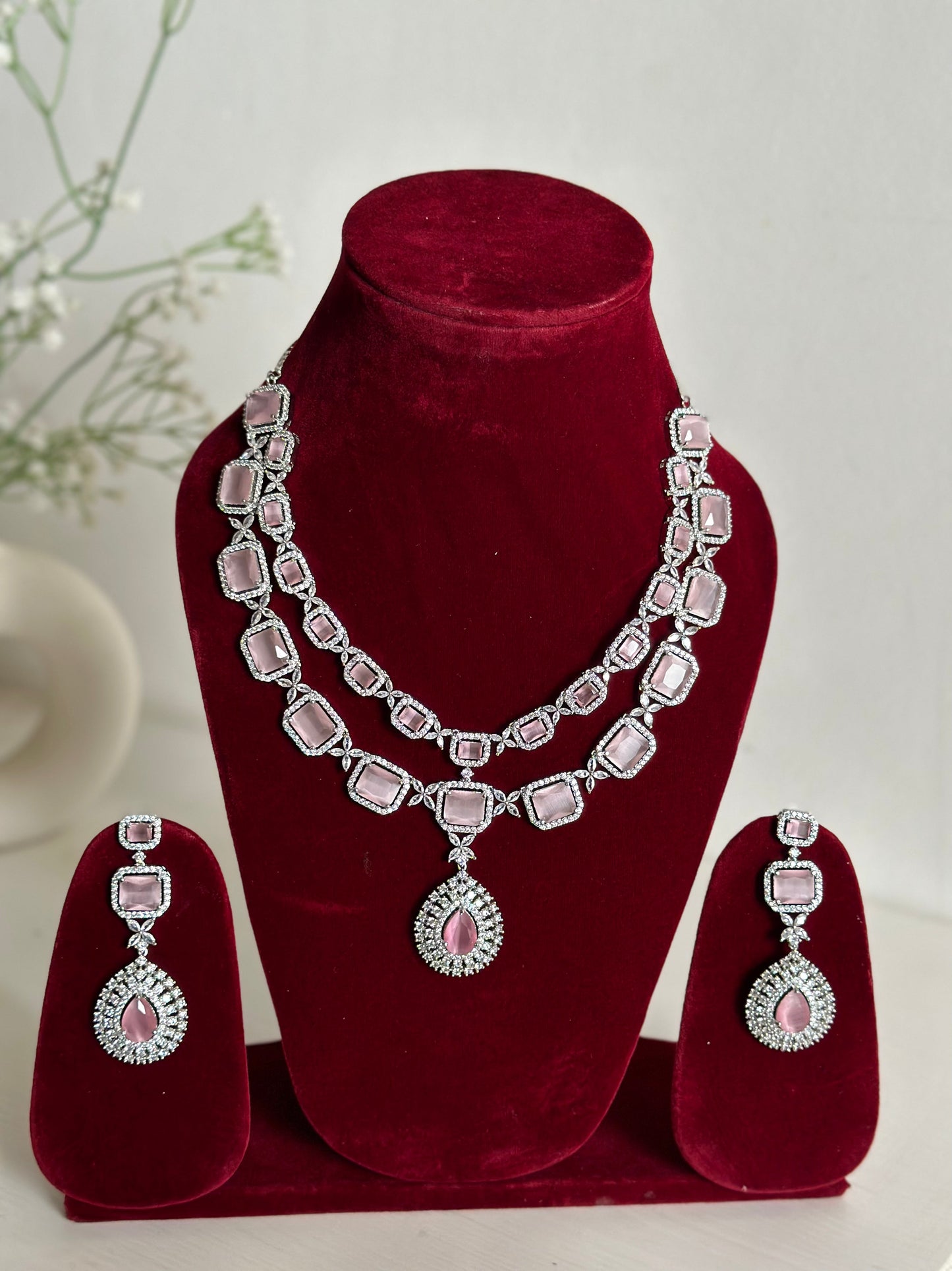 Baby Pink American Diamond Two Layer Elegent Necklace Set With Earrings By House of Ree - Swadesiicart
