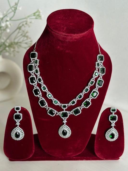 Green American Diamond Two Layer Elegent Necklace Set With Earrings By House of Ree - Swadesiicart