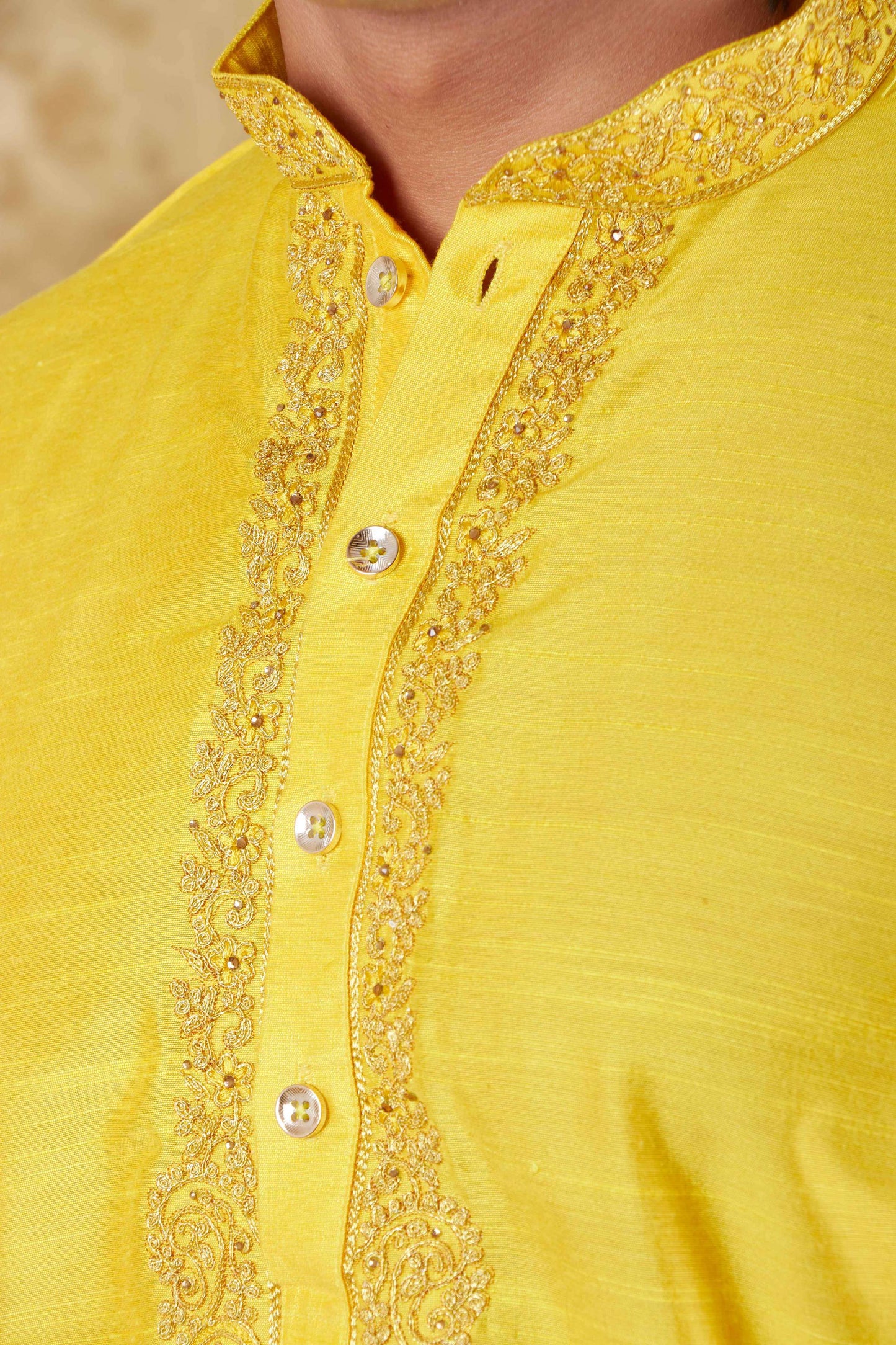 Bluesaanchi Men's Sunshine Handwoven Embroidered Maize YellowKurta Set | Swadesiicart