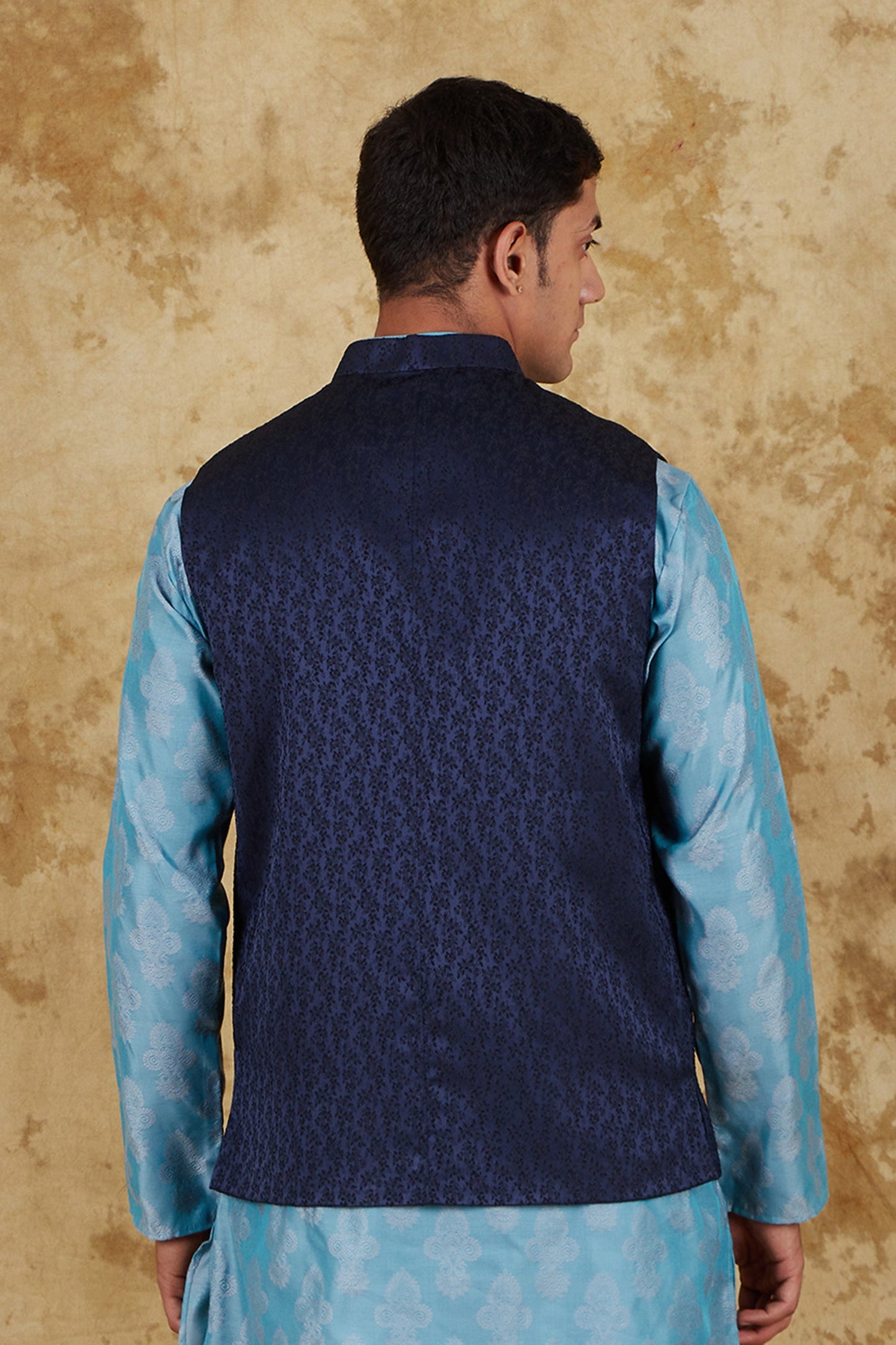 Bluesaanchi Men's Jacquard Blue Waistcoat | Swadesiicart