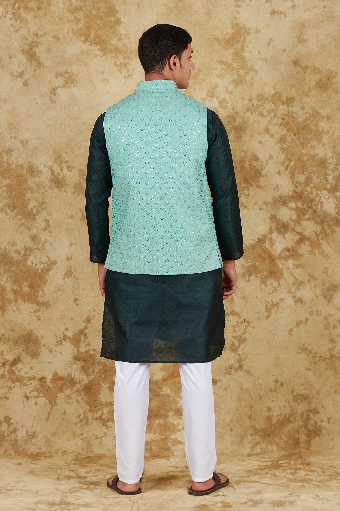 Bluesaanchi Men's Jacquard Mint Green Waistcoat Kurta Pajama Set | Swadesiicart