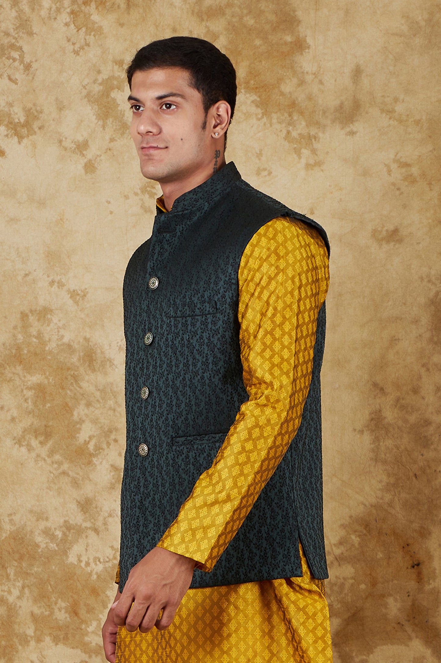 Bluesaanchi Men's Jacquard Brunswick Green Waistcoat | Swadesiicart