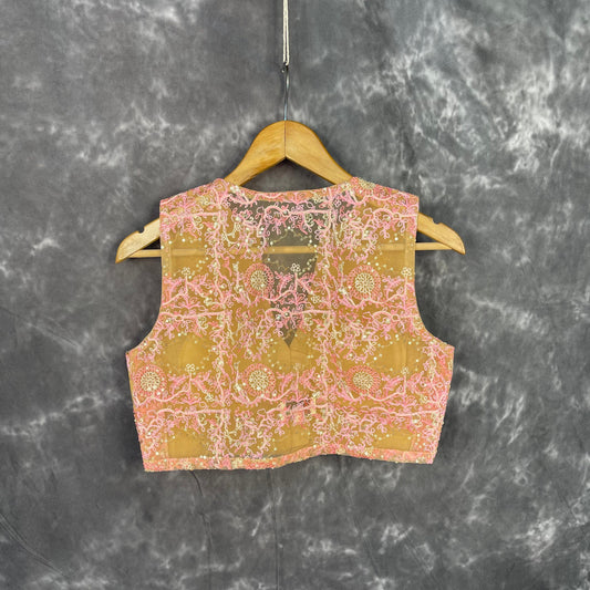 Parchment Pink Pink Coloured Net With Embroidrey Ready to Wear Blouse - kapda Tailor | Swadesiicart