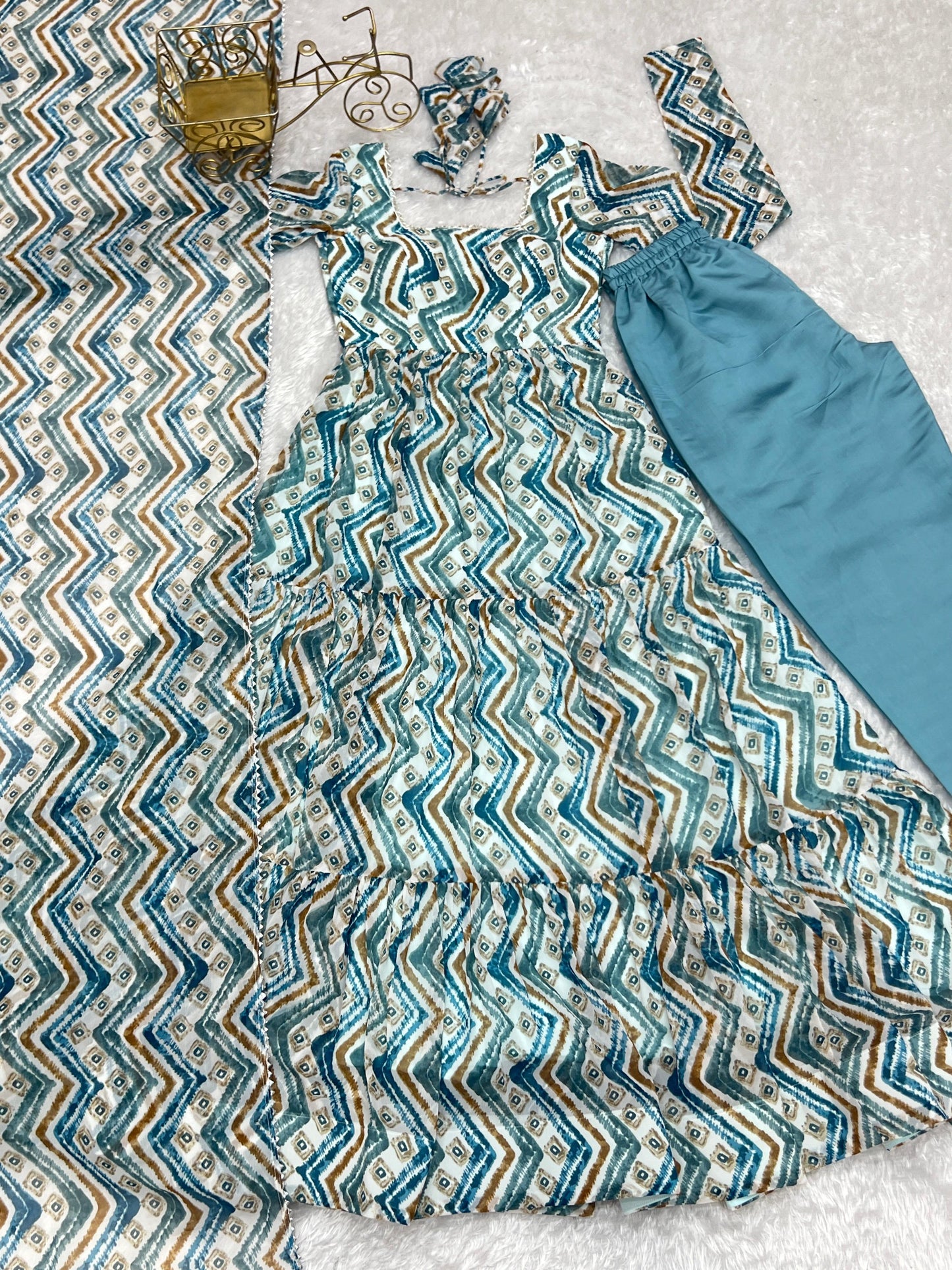 Lorenvalley Fashion Skyblue Pure Faux Georgette Zigzag Print Fully Flair Anarkali Pant With Dupatta - Skyblue | Swadesiicart