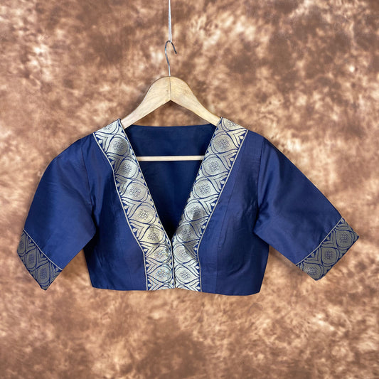 Deep Dive Lush Blue Coloured Silk / Broket Ready to Wear Blouse - kapda Tailor | Swadesiicart