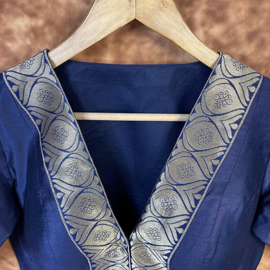 Deep Dive Lush Blue Coloured Silk / Broket Ready to Wear Blouse - kapda Tailor | Swadesiicart
