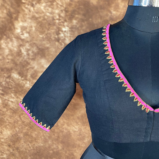 Vivaciously Vibrant Black Coloured Slub Cotton Ready to Wear Blouse - kapda Tailor | Swadesiicart