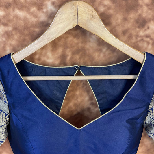 Trypan Blue Blue Coloured Silk / Broket Ready to Wear Blouse - kapda Tailor