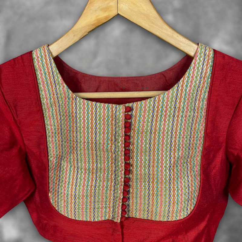 Tradition Reloded Red/Gold Coloured Chanderi Silk / Brocket Ready to Wear Blouse - kapda Tailor | Swadesiicart