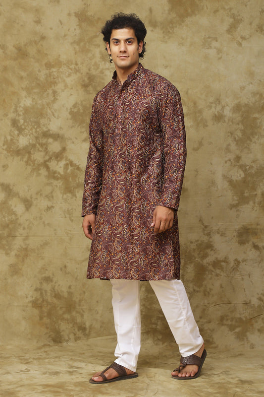 Bluesaanchi Men's Chikankari Embroidered Kurta Set - Brown | Swadesiicart