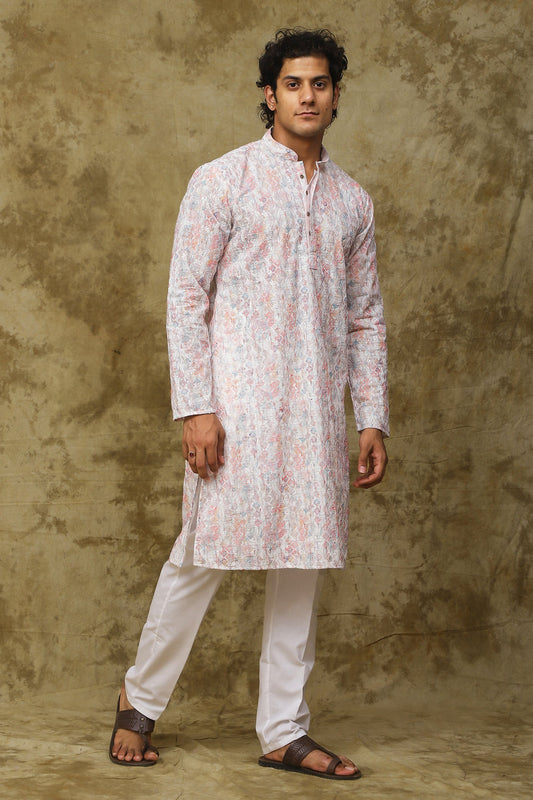Bluesaanchi Men's Chikankari Embroidered Kurta Set - White & Pink | Swadesiicart