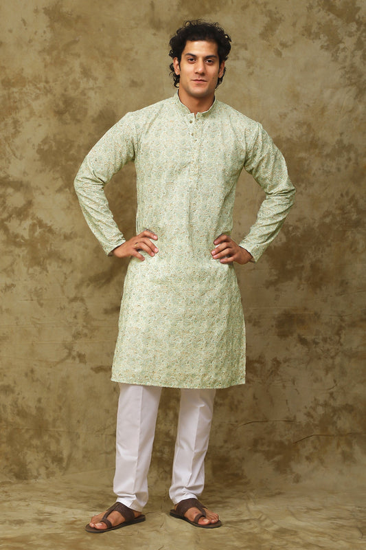 Bluesaanchi Men's Chikankari Embroidered Kurta Set - Green White | Swadesiicart